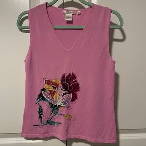 Vertigo Paris Pink Sleeveless Top L Floral Appliqué V-Neck Embellished Tank
